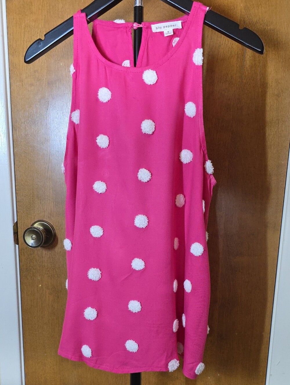 Blu Pepper Hot Pink Sleeveless Top  with White Pom Dots Womens Size S